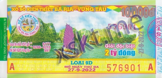 Mẫu vé sô xổ số Vũng Tàu ngày 27/9/2022