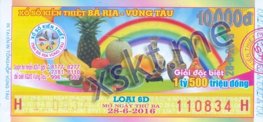 Mẫu vé sô xổ số Vũng Tàu ngày 28/6/2016