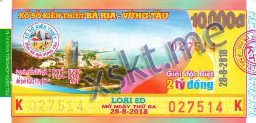 Mẫu vé sô xổ số Vũng Tàu ngày 28/8/2018