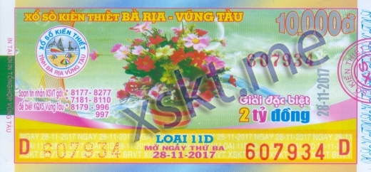 Mẫu vé sô xổ số Vũng Tàu ngày 28/11/2017