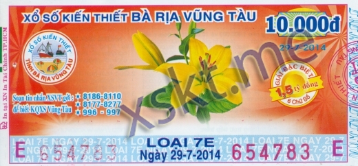 Mẫu vé sô xổ số Vũng Tàu ngày 29/7/2014