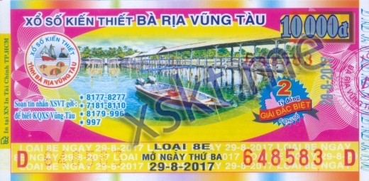 Mẫu vé sô xổ số Vũng Tàu ngày 29/8/2017