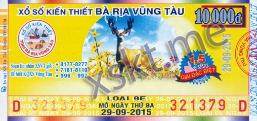 Mẫu vé sô xổ số Vũng Tàu ngày 29/9/2015