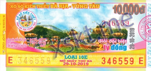 Mẫu vé sô xổ số Vũng Tàu ngày 29/10/2019