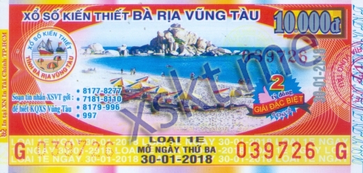 Mẫu vé sô xổ số Vũng Tàu ngày 30/1/2018