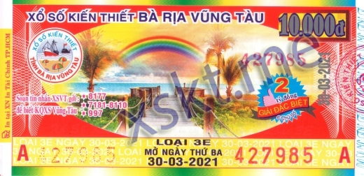 Mẫu vé sô xổ số Vũng Tàu ngày 30/3/2021