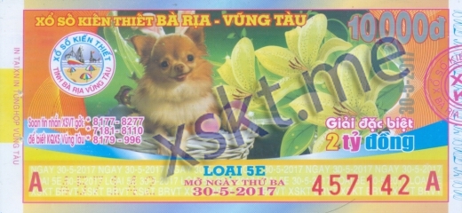 Mẫu vé sô xổ số Vũng Tàu ngày 30/5/2017