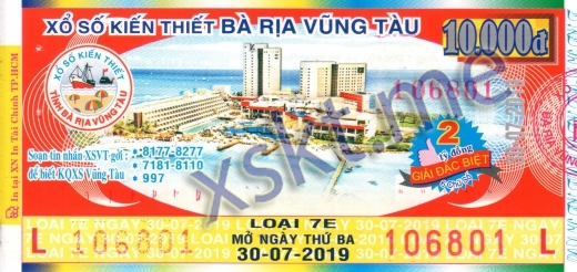 Mẫu vé sô xổ số Vũng Tàu ngày 30/7/2019
