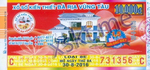 Mẫu vé sô xổ số Vũng Tàu ngày 30/8/2016