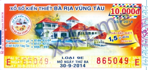 Mẫu vé sô xổ số Vũng Tàu ngày 30/9/2014
