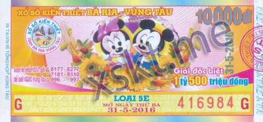 Mẫu vé sô xổ số Vũng Tàu ngày 31/5/2016