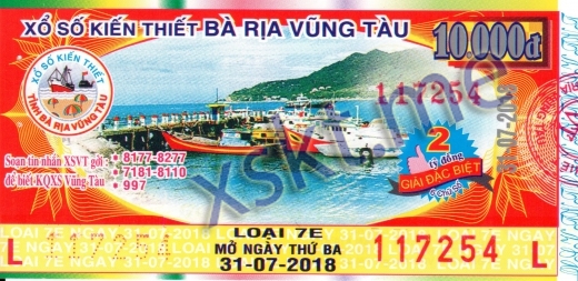 Mẫu vé sô xổ số Vũng Tàu ngày 31/7/2018