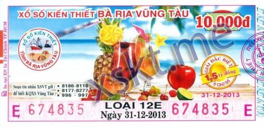 Mẫu vé sô xổ số Vũng Tàu ngày 31/12/2013