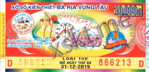 Mẫu vé sô xổ số Vũng Tàu ngày 31/12/2019