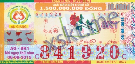 Mẫu vé sô xổ số An Giang ngày 6/8/2015