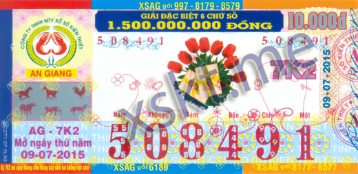 Mẫu vé sô xổ số An Giang ngày 9/7/2015