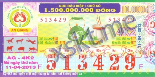 Mẫu vé sô xổ số An Giang ngày 11/4/2013