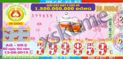Mẫu vé sô xổ số An Giang ngày 13/8/2015