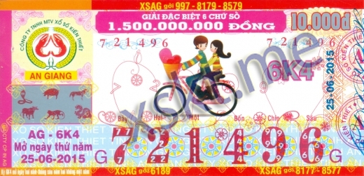 Mẫu vé sô xổ số An Giang ngày 25/6/2015