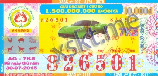 Mẫu vé sô xổ số An Giang ngày 30/7/2015