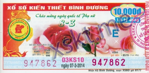 Mẫu vé sô xổ số Bình Dương ngày 7/3/2014
