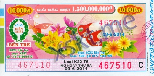 Mẫu vé sô xổ số Bến Tre ngày 3/6/2014