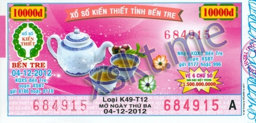 Mẫu vé sô xổ số Bến Tre ngày 4/12/2012