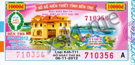 Mẫu vé sô xổ số Bến Tre ngày 6/11/2012