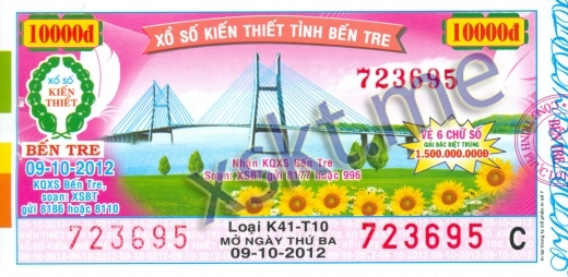 Mẫu vé sô xổ số Bến Tre ngày 9/10/2012