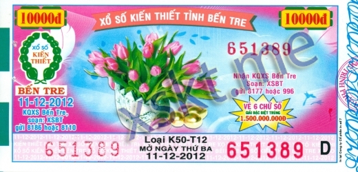 Mẫu vé sô xổ số Bến Tre ngày 11/12/2012