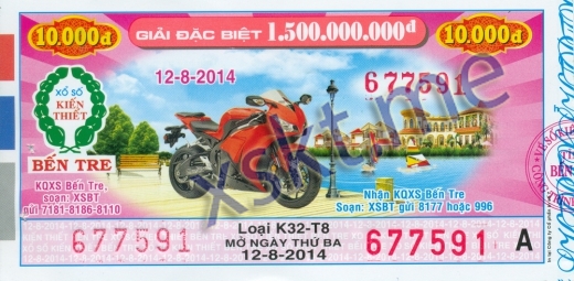 Mẫu vé sô xổ số Bến Tre ngày 12/8/2014