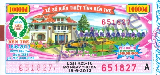 Mẫu vé sô xổ số Bến Tre ngày 18/6/2013