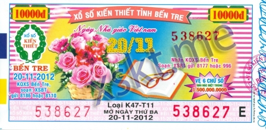 Mẫu vé sô xổ số Bến Tre ngày 20/11/2012