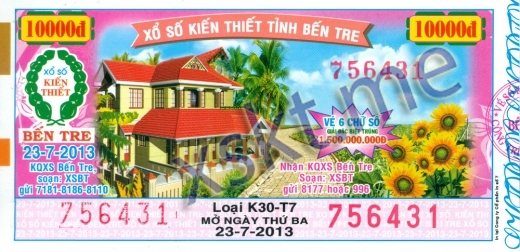 Mẫu vé sô xổ số Bến Tre ngày 23/7/2013