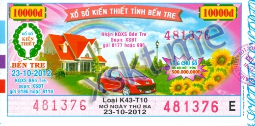 Mẫu vé sô xổ số Bến Tre ngày 23/10/2012