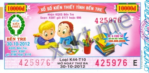 Mẫu vé sô xổ số Bến Tre ngày 30/10/2012