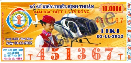 Mẫu vé sô xổ số Bình Thuận ngày 1/11/2012