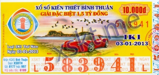 Mẫu vé sô xổ số Bình Thuận ngày 3/1/2013