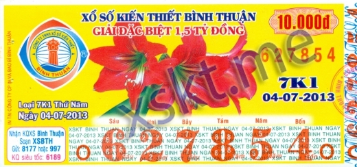 Mẫu vé sô xổ số Bình Thuận ngày 4/7/2013