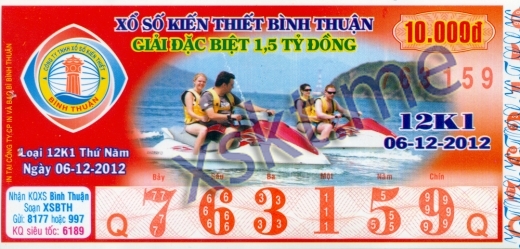 Mẫu vé sô xổ số Bình Thuận ngày 6/12/2012