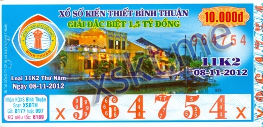 Mẫu vé sô xổ số Bình Thuận ngày 8/11/2012