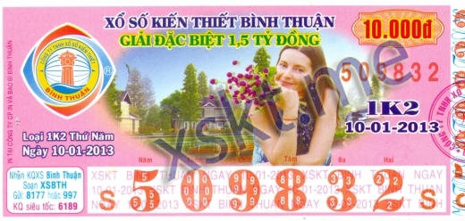 Mẫu vé sô xổ số Bình Thuận ngày 10/1/2013