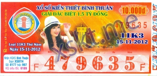 Mẫu vé sô xổ số Bình Thuận ngày 15/11/2012