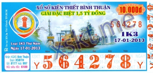 Mẫu vé sô xổ số Bình Thuận ngày 17/1/2013