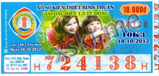 Mẫu vé sô xổ số Bình Thuận ngày 18/10/2012