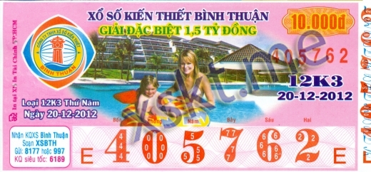 Mẫu vé sô xổ số Bình Thuận ngày 20/12/2012