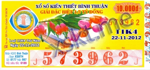 Mẫu vé sô xổ số Bình Thuận ngày 22/11/2012