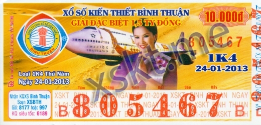Mẫu vé sô xổ số Bình Thuận ngày 24/1/2013
