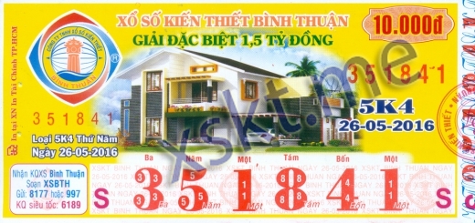 Mẫu vé sô xổ số Bình Thuận ngày 26/5/2016