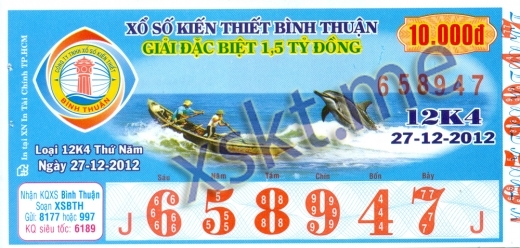 Mẫu vé sô xổ số Bình Thuận ngày 27/12/2012